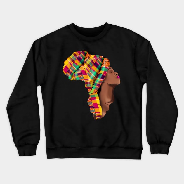 Melanin African Heritage Woman Kente Pattern Shape Of Map Of Africa Crewneck Sweatshirt by Merchweaver